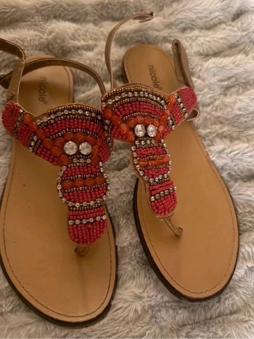 Nicole Coral Beaded T-Strap Sandals with Rhinestones size 10w